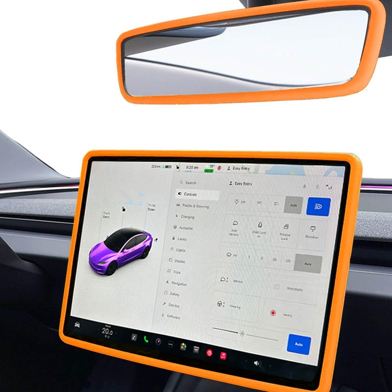 Yeapop 2Pcs Silicone Protector Frames of Screen and Rear View Mirror for Tesla Model 3 2024 Highland and Model Y 2025 Juniper. (Orange) - Image 1